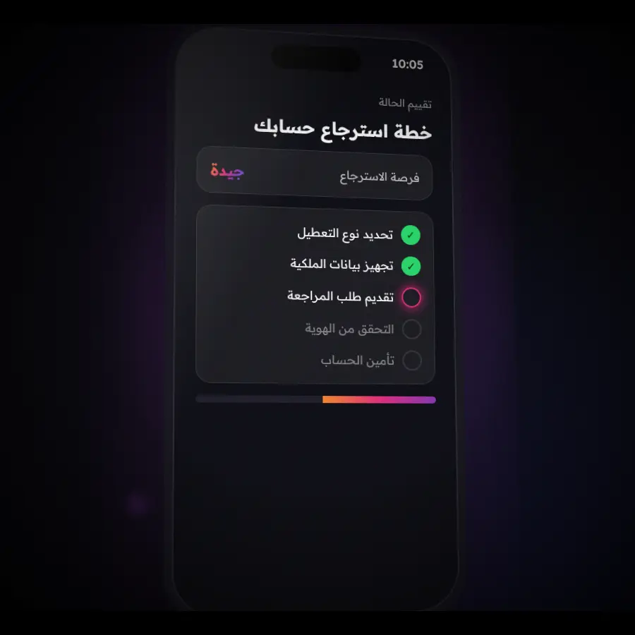 شاشة خطة استرجاع حساب انستقرام مع مراحل التقدم